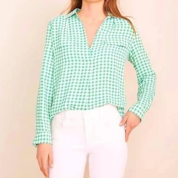 Ann Taylor Tops - Ann Taylor Womens Large Green White Gingham Long Sleeve Blouse Shirt Top
